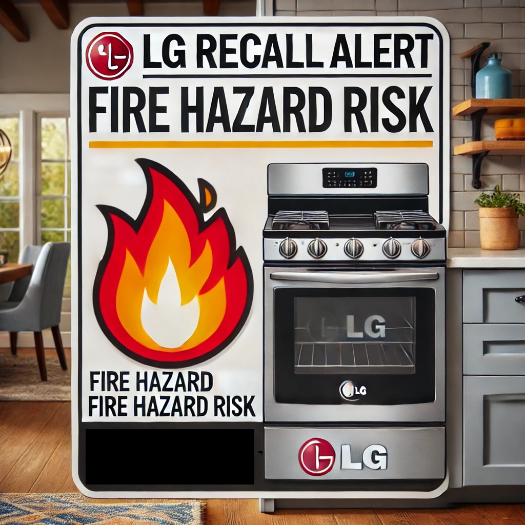 A home safety graphic featuring an electric range with a fire hazard warning symbol. The image highlights the LG recall alert for potential fire risks due to unintended burner activation